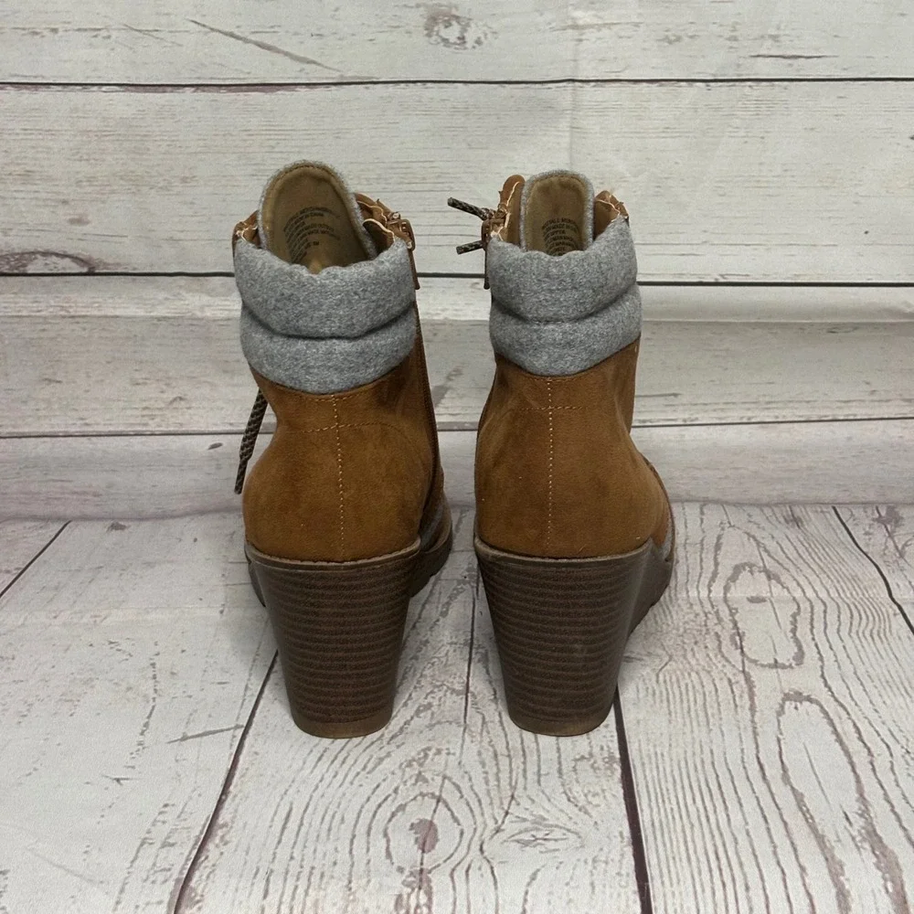 Falls Creek Brown Faux Suede Grey Felt Lace Up Wedge Ankle Boots Womens 8M